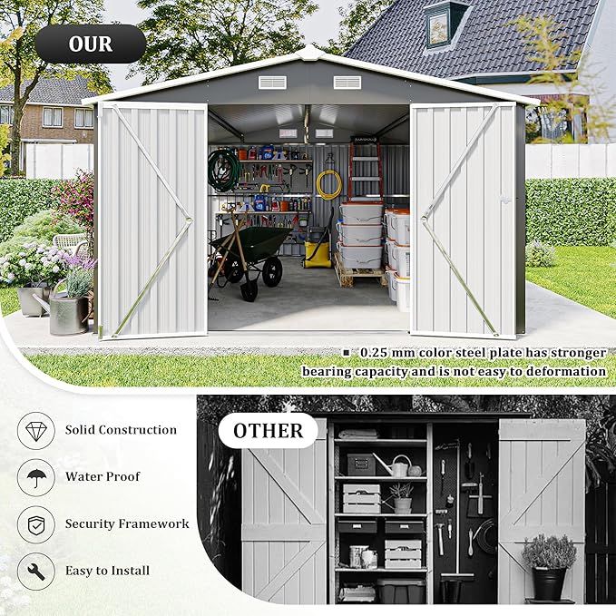 10 x 14 FT Outdoor Storage Shed, Metal Garden Tool Shed with Slooping Roof, Lockable Doors, All-Weather Bike Shed Easy to Assemble for Backyard, Patio, Lawn, Black+Grey