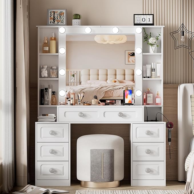 Farmhouse Makeup Vanity with Lighted Mirror & Charging Station, Vanity Desk Dresser Table with 3 Lighting Modes Brightness Adjustable,Drawers,Hair Dryer Stand for Bedroom,White(No Stool)