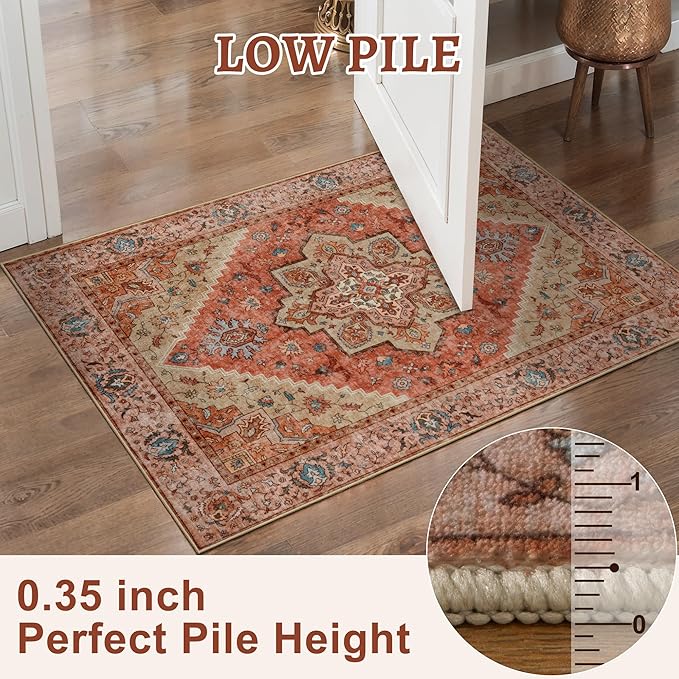 angsoo Vintage 2x3 Washable Rug for Entryway, Non Slip Small Indoor Front Door Rug, Print Distressed Door Mat Carpet, Soft Low Pile Rugs for Entrance Kitchen Bedroom Bathroom