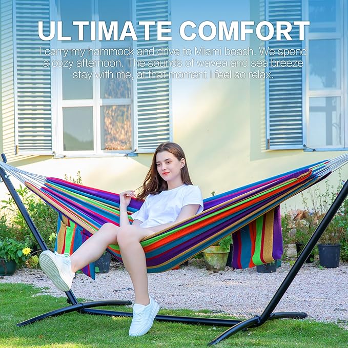 PNAEUT Double Hammocks with Stand for Outside, Portable Space Saving Heavy-Duty Steel Stand for Indoor Outdoor Patio, 450 lbs Capacity (Tropical)
