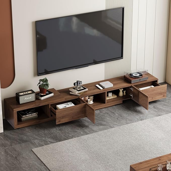 Modern Walnut TV Console for 75+ Inch Screen – Extendable Wood Media Unit (78"-103") with Grille Doors and Drawers, Great for Living Rooms & Bedrooms