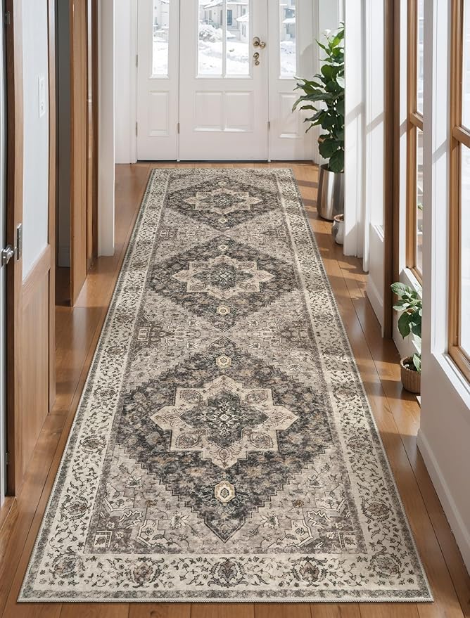 Tangsoo 2.6x8 Washable Runner Rug for Hallways, Non Slip Vintage, Soft Low Pile Long Runner, Print Distressed Brown/Grey Carpet Runners for Kitchen Bedroom Entryway Bathroom Living Room