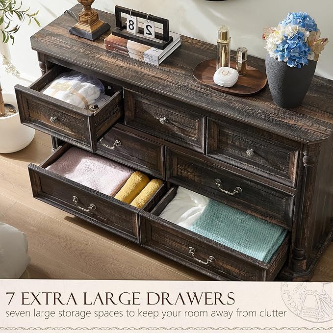 Yechen Rustic 7-Drawer Solid Wood Dresser for Bedroom & Living Room – Vintage Storage Cabinet with Decorative Hardware, Sturdy Construction & Versatile Organizing Solutions (Dark Rustic Oak)