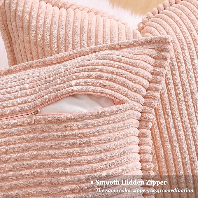 decorUhome Corduroy Pink Throw Pillow Covers 22x22 Set of 2 Decorative Soft Boho Striped Neutral Euro Farmhouse Couch Pillow Covers with Broadside for Living Room Bed Sofa