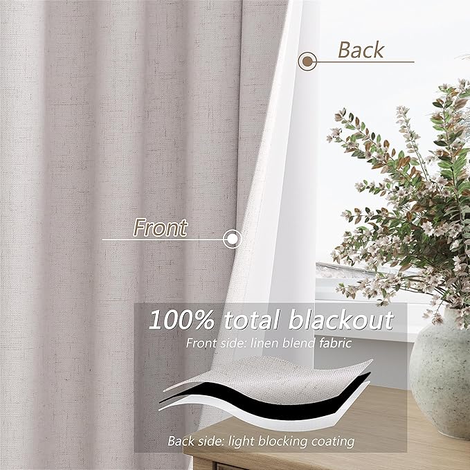 Guken Pastel Linen Blackout Curtains 108 Inch Length 2 Panels Set for Living Room Bedroom Back Tab Thermal Insulated 100% Black Out Drapes Room Darkening Window Curtains 108 Inches Long Pastel Linen