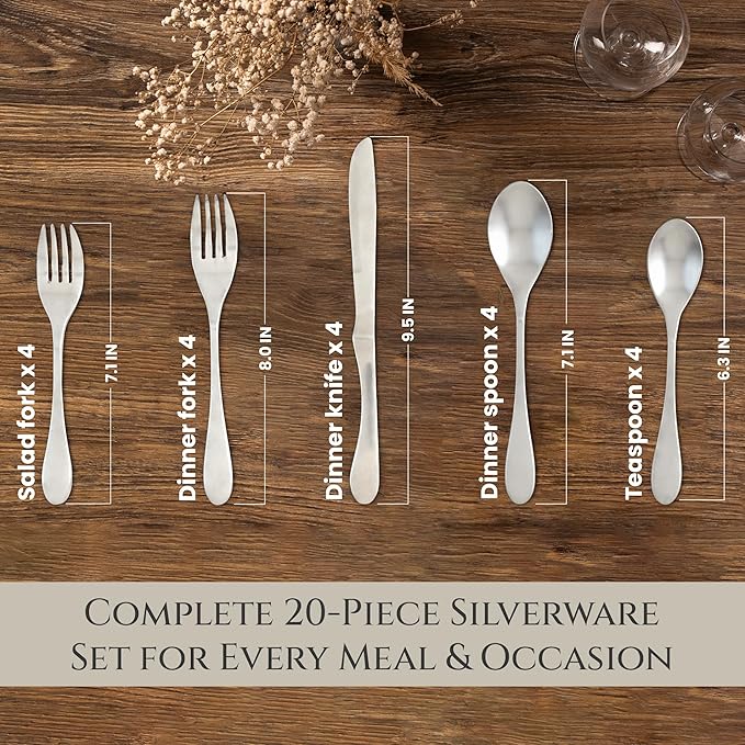 Knork Silverware Set - 20 Piece Matte Silver Cutlery set - Ergonomic Design Utensil sets, 18/10 Stainless Steel Forks Spoons and Knives set