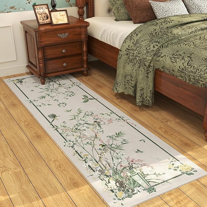 Runner Rug 2x6 Chinoiserie-Style Floral Vintage Kitchen Rugs Non Slip Washable with Rubber Backing Soft Carpet for Laundry, Bedroom, Bathroom, Beige
