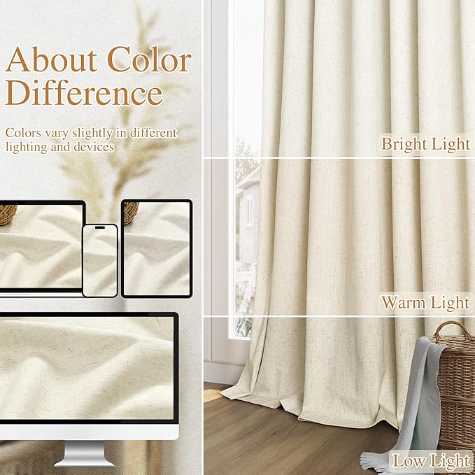 Guken Blackout Curtains 96 Inch Length 2 Panels Set for Living Room Bedroom Back Tab Thermal Insulated 100% Black Out Linen Drapes Room Darkening Window Curtains 96 Inches Long,Warm Beige