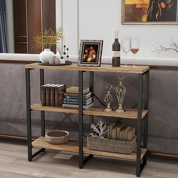 3 Tier Solid Real Wood Bookshelf Rustic Industrial Style, Wooden Storage Shelves Etagere Bookcase Book Shelf Display Shelf for Home Office