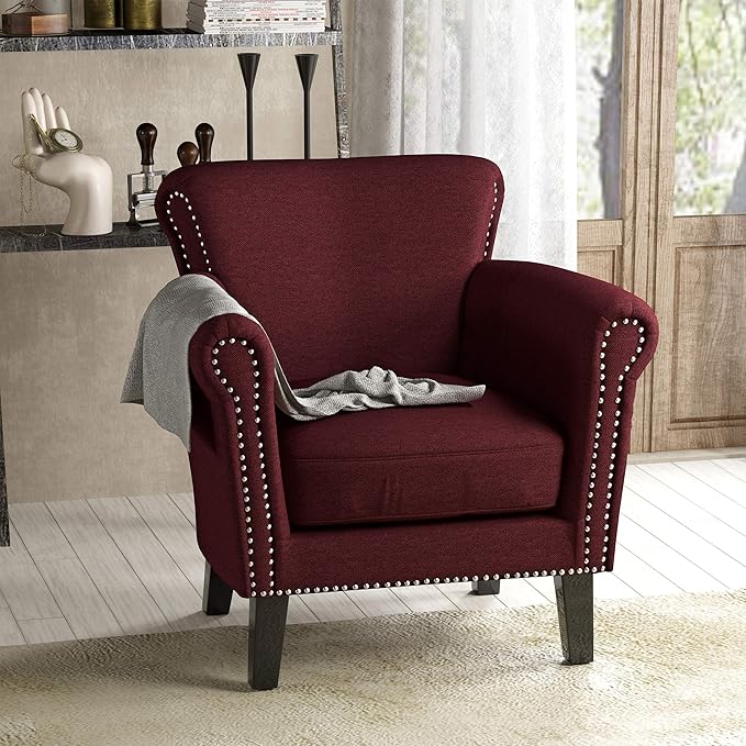 Christopher Knight Home Brice Vintage Scroll Arm Studded Fabric Club Chair, Wine / Dark Brown 29.5D x 31W x 31.5H Inch