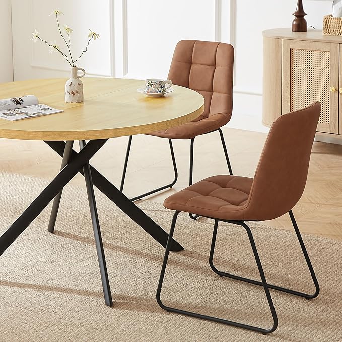 45.3 Inch Round Dining Table Set for 4, Mid Century Modern Small Kitchen Coffee Set for Dining Room Kitchen Apartment (Cream Table + 4 U-Shaped Brown Chairs)