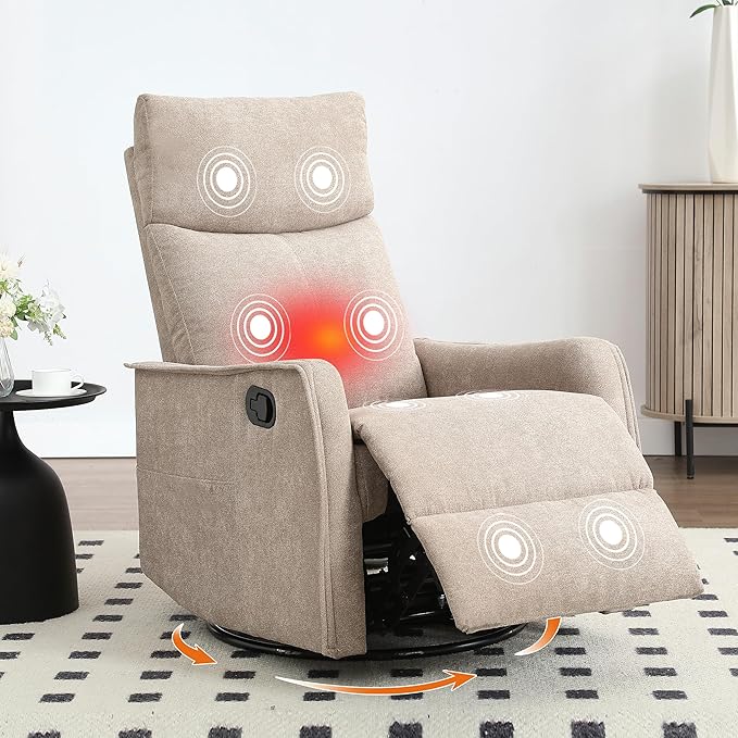 Manual 360° Swivel Rocker Recliner Chair for Adults, Overstuffed Glider Chair for Nursery with Vibration Massage and Heat, Comfy Soft Fabric Glider with Side Pockets for Living Room, Khaki