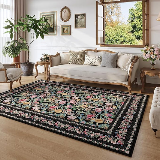 Area Rug 4x6 Rug Washable Vintage Floral Rugs Non Slip Low Pile Small Carpet for Bedroom, Bedside, Kids Room, Office, Dining Room, Black