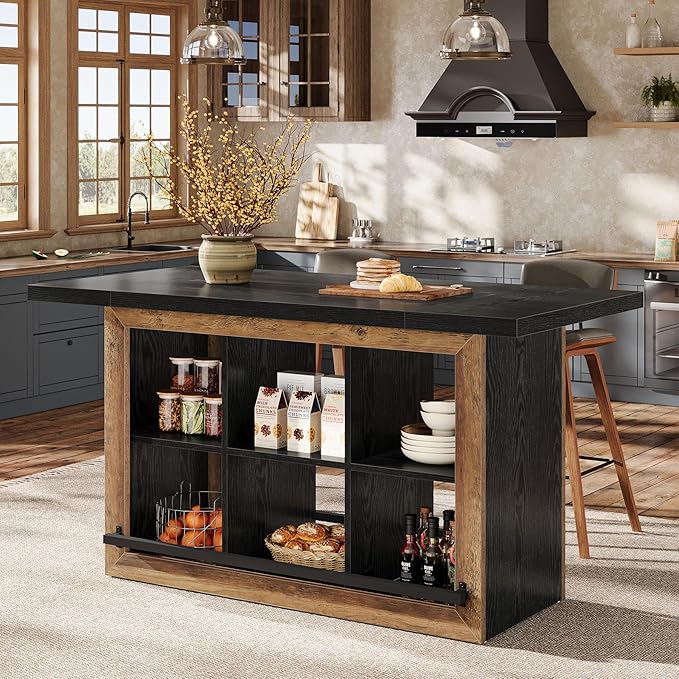 Tribesigns Kitchen Island with Storage, Counter Height Kitchen Island Table with 6 Open Cubbies and Footrests, Coffee Bar Table for Dining Room