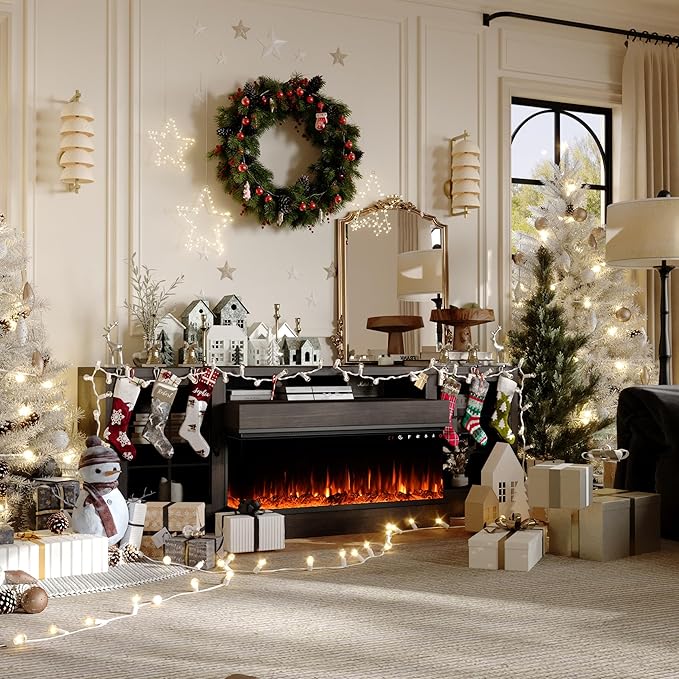 CharaVector 3-Sided Farmhouse TV Stand for TVs up to 75'', Modern TV Console with Glass Door Storage Cabinet, 60'' Large TV Stands for 30''Fireplace, Brown (ONLY TV Stand)