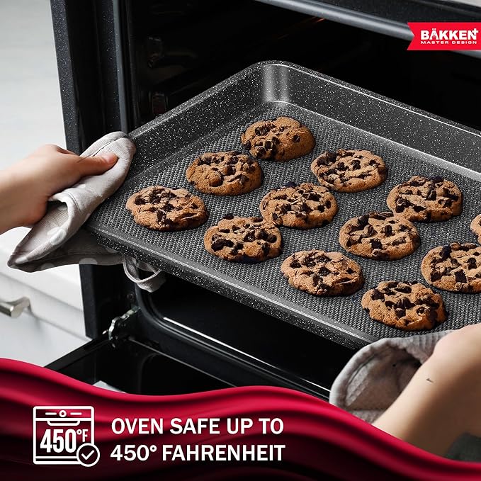 BAKKEN Kitchen Baking Pans - Small, Medium, and Large Cookie Pan (13.58×9.65, 15.75×11, 17.91×12.60), Nonstick, Diamond Texture Bottom, PFOA, PFOS, PTFE Free, Oven Safe (450°F), Pack of 3, Gray Marble