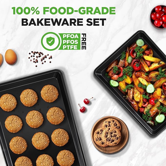 NutriChef 2-Piece Black Non-Stick Cookie Sheet Baking Tray Set - Versatile & Durable Carbon Steel Bakeware Sets, Stackable & Easy-Clean, NC2TRBL