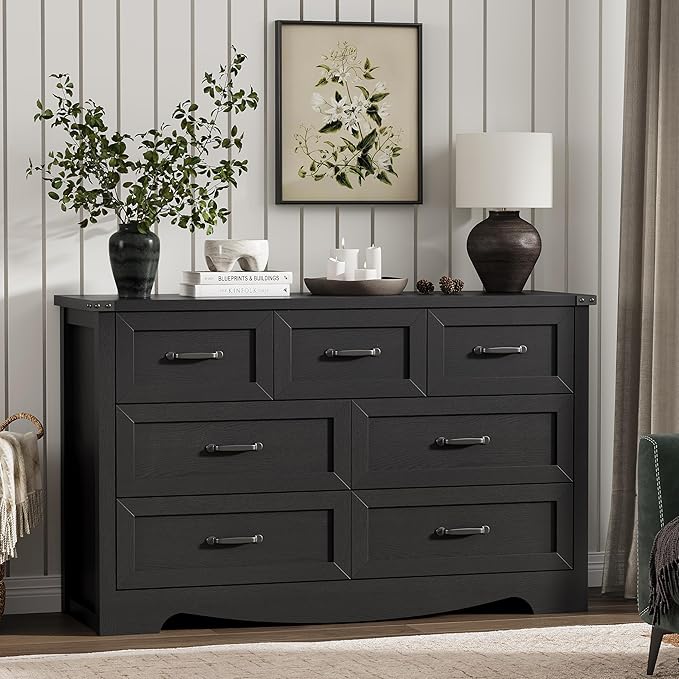Dresser for Bedroom with 7 Drawers, 48" Wide Wood Chest of Drawers with Deep Drawers & Mental Handle, Modern Dresser TV Stand, Wooden Closet Storage Organizer for Living Room, Hallway, Entryway, Black