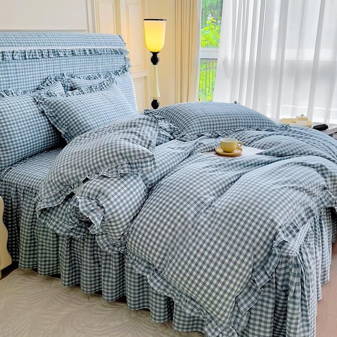mixinni Vintage Blue Gingham Ruffle Comforter Set 3-Piece Washed Cotton King Size Grid Bedding Set with Geometric Checkered Pattern, Farmhouse Chic Soft Fluffy Comforter for All-Season