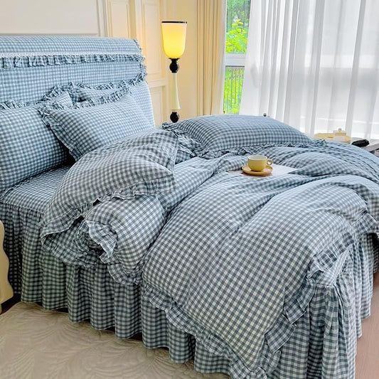 mixinni Vintage Blue Gingham Ruffle Comforter Set 3-Piece Washed Cotton Queen Size Grid Bedding Set with Geometric Checkered Pattern, Farmhouse Chic Soft Fluffy Comforter for All-Season