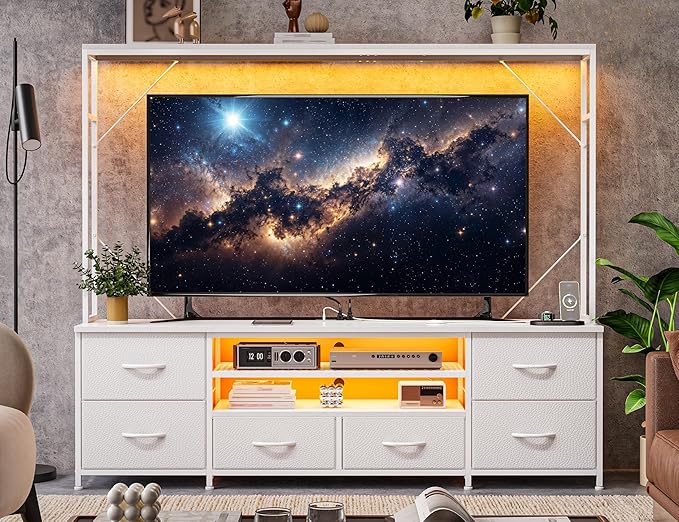 TV Stand for 55 60 inch TV, Large Wall Unit Entertainment Center with LED Lights & Power Outlets, TV Stands for Living Room, Closet, Entryway,13.8" D x 55" W x 61" H, White