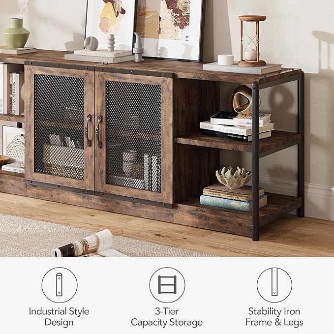 CABIHOME Farmhouse TV Stand for 65/75 inches TVs, Entertainment Center with Storage Cabinet and Mesh Doors, Industrial TV Media Console Cabinet Table, Media Furniture for Living Room, Vintage