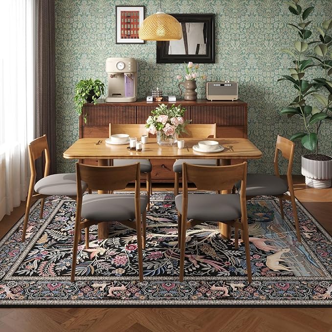 Area Rugs 9x12 Living Room Vibrant Tree of Life-Patterned Vintage Washable Rug Non Slip Low Pile Large Rug for Bedroom Farmhouse Dining Room Kids Playroom, Black