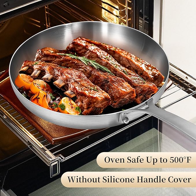 Inqibee 8.5-10-12 Inch Tri-Ply Stainless Steel Frying Pan Set with Lid,Skillets,Induction Cooking Pans,Pots and Pans Set,Dishwasher and Oven Safe,Detachable Handle.