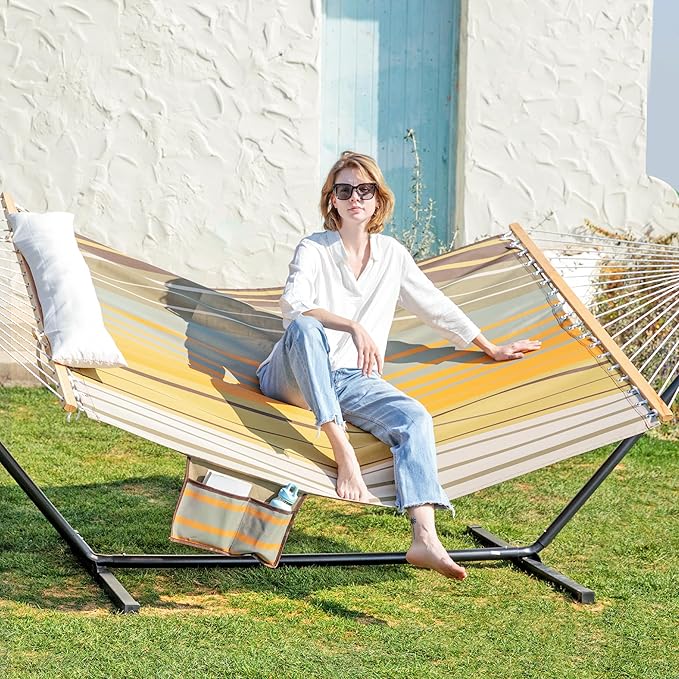 Waterproof Double Hammock with Stand for Outside Heavy Duty, 2 Person 55'' Large Quick Dry Textilene Hammocks with Hardwood Spreader Bar, Pillow, Pockets, for Outdoor, 475lbs Capacity (Coffee)