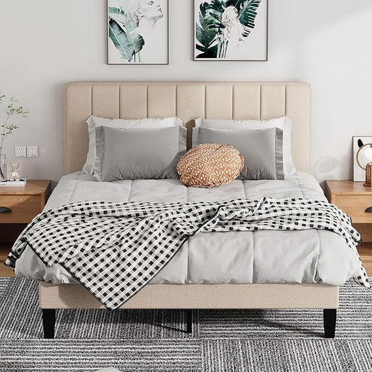 Queen Bed Frame,Modern Queen Size Bed Frame Fabric Platform Bed Frame with Upholstered Headboard and Wooden Slats Support,Easy Assembly,No Box Spring Needed, Beige