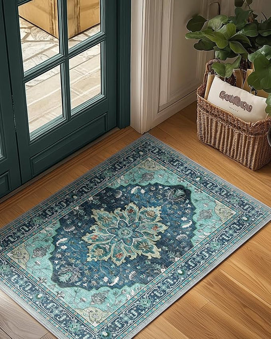 Area Rugs 2'x3' Washable Non-Slip, Floral Vintage Distress Print Pattern Medallion Carpet for Living Room Bedroom Dining Room, Teal Green Lake Blue Turquoise