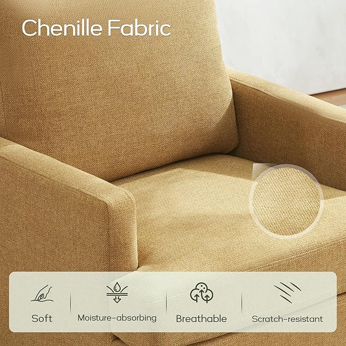 VKNOW Mid-Century Accent Chairs Set of 2, Modern Upholstered Chenille Armchair for Living Room,Comfy Reading Accent Chairs with Wood Legs for Bedroom, Yellow Polyester