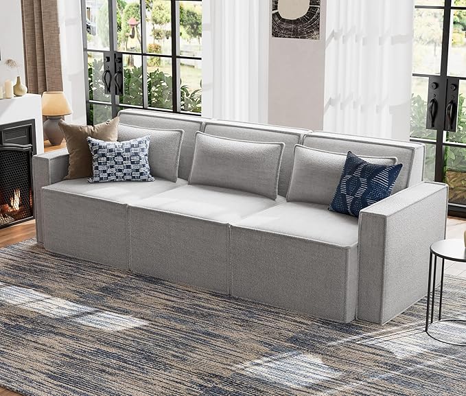 ELUCHANG 93" Modular Sectional Sofa Couch, 3 Seater Large Sectional Couches for Living Room, Modern Linen Fabric Oversized Couch, Comfy Deep Seat Home Sofas Set, Light Grey