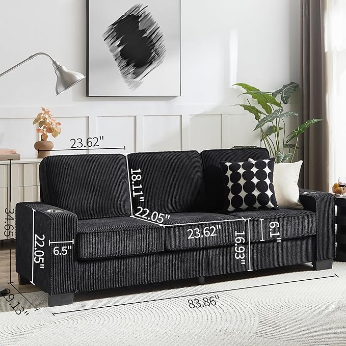 Furnimart Modern 3 Seater Couches, Cozy Deep Seat Sofa, Comfy Fluffy Couch for Living Room, Small Couches for Small Space, with Removable Sofa Cover, Black Corduroy Fabric