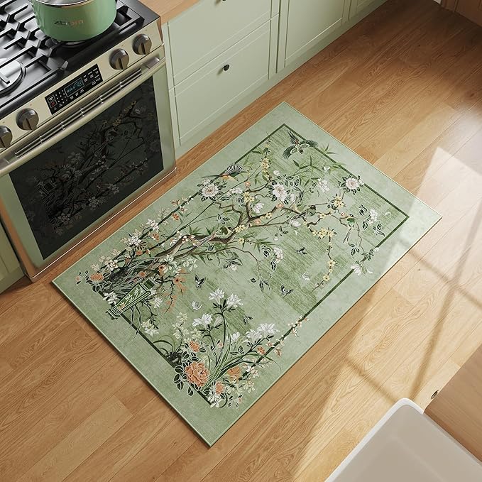Door Mat Indoor Entrance 2x3 Rug Chinoiserie-Style Floral Vintage Machine Washable Small Area Rug Non-Slip Low Pile Throw Rugs for Entryway, Kitchen, Front Door, Entry, Kids Room, Green