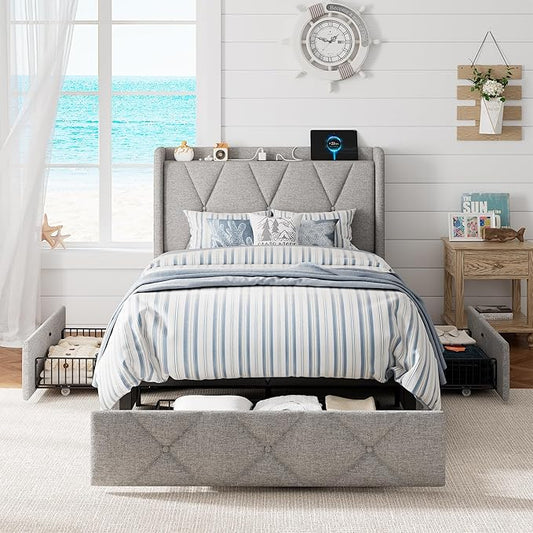 Twin Bed Frame with 4 Storage Drawers, Upholstered Platform Bed with Charging Station, Modern Wingback Storage Headboard, Easy Assembly,Noise-Free, Light Gray