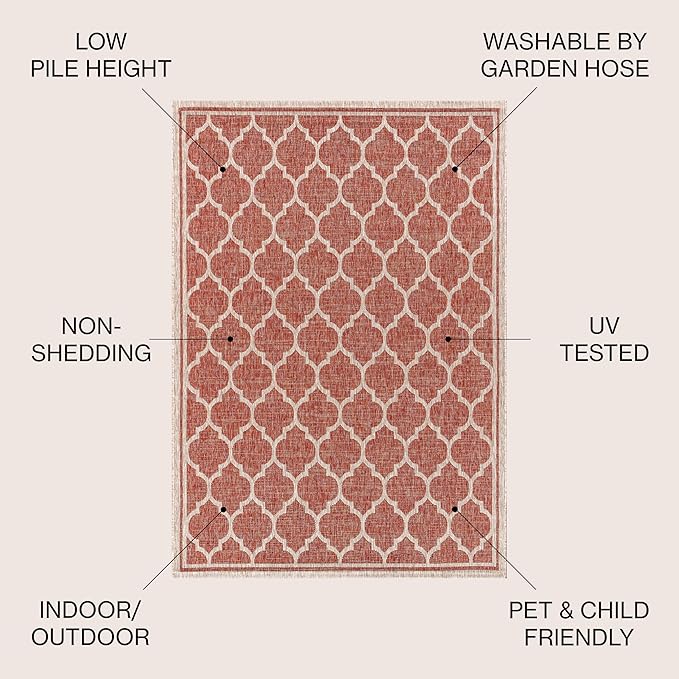 Eyely BMS109C-3R Santa Monica Trebol Moroccan Trellis Textured Weave, Pet Friendly, Non-Shedding, Stain Resistant, Easy-Cleaning, Red/Beige, 3' Round, Indoor/Outdoor, Area Rug
