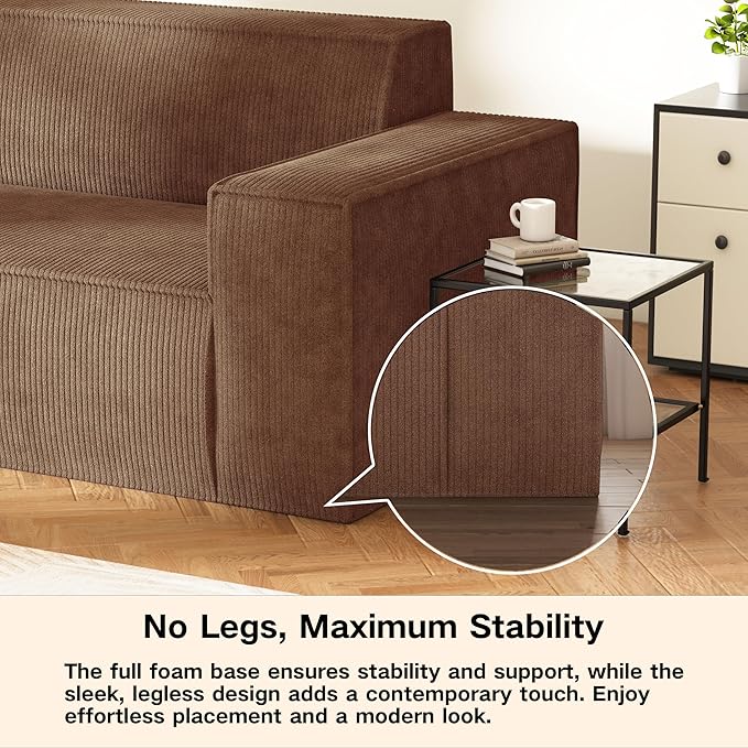 Sofa-in-a-Box, Memory Foam 3-Seater Couch, No Installation & Easy to Transport, Deep Seat Modern Sofa with Corduroy Fabric, Couch for Living Room, Bedroom, Apartment, Home Office, Brown