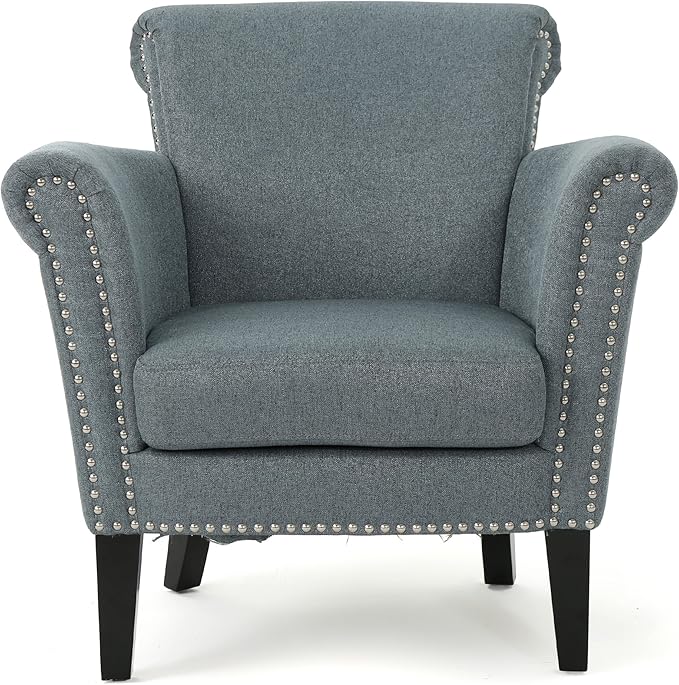 Christopher Knight Home Brice Vintage Scroll Arm Studded Fabric Club Chair, Steel Blue / Dark Brown