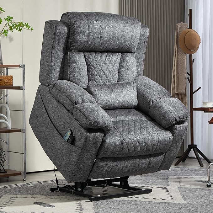 Big Man Power Lift Recliner for Elderly Adults 28 Inch Wide Seat, Lay Flat Lift Chair with Heat Massage, Flip Arm Storage Cup Holders, USB Type C Charging (Grey Chenille)