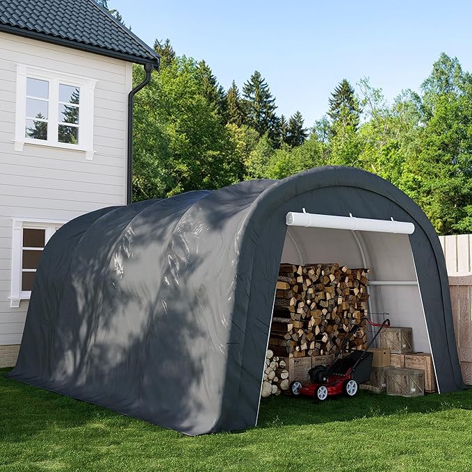 SUNBURY Carport, Round Portable Garage, Outdoor 13x20 ft Heavy Duty Carport, Tensioner and 2 Roll Up Doors Waterproof PE Fabric Car Port, Garage, Storage Shed, Tent for Storage, SUV, Grey