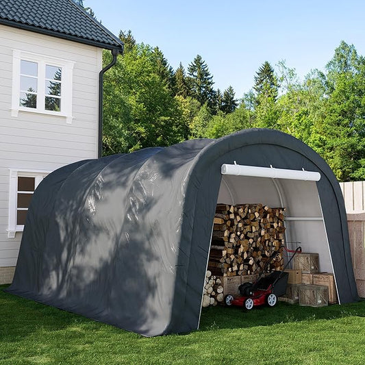 SUNBURY Carport, Round Portable Garage, Outdoor 13x20 ft Heavy Duty Carport, Tensioner and 2 Roll Up Doors Waterproof PE Fabric Car Port, Garage, Storage Shed, Tent for Storage, SUV, Grey