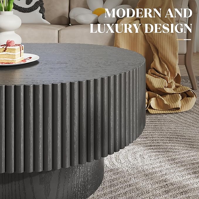 43.7” Oval Coffee Table, Modern Wood Fluted Coffee Table for Living Room, Veneer Handcrafted Relief Center Table with Sturdy Pedestal，Easy Assembly - Black