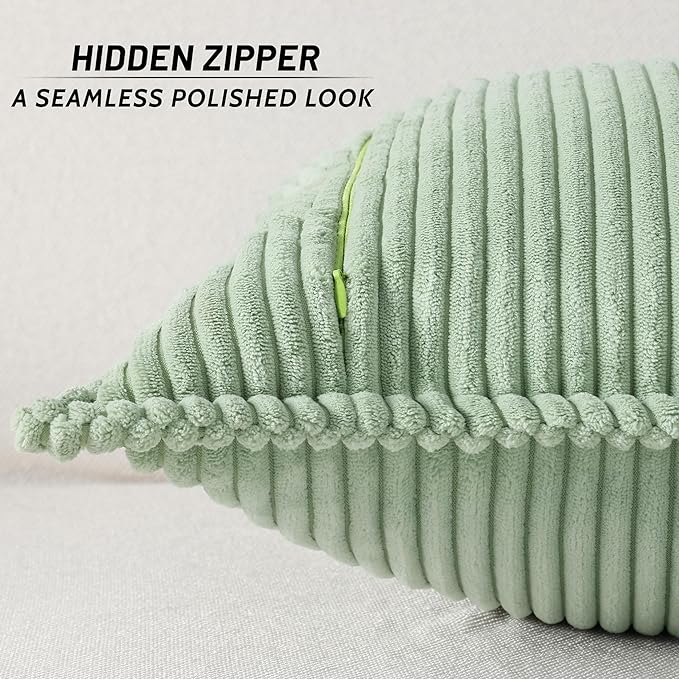 Mecatny Corduroy Throw Pillow Covers 12x20 Set of 2, Neutral Decorative Soft Boho Lumbar Couch Pillow Covers with Broadside for Sofa Living Room, Sage Green