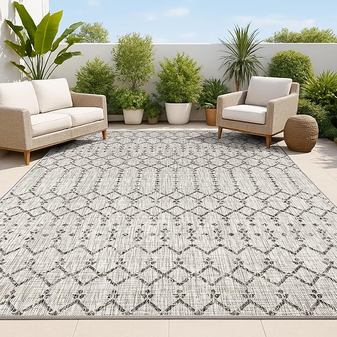 JONATHAN Y Moroccan Geometric Indoor Outdoor Area Rug 5X8 Light Gray/Black, Ourika Textured Weave for Backyard, Patio, Porch, Easy-Cleaning, High Traffic, Pet-Friendly, Non-Shedding (SMB108E-5)