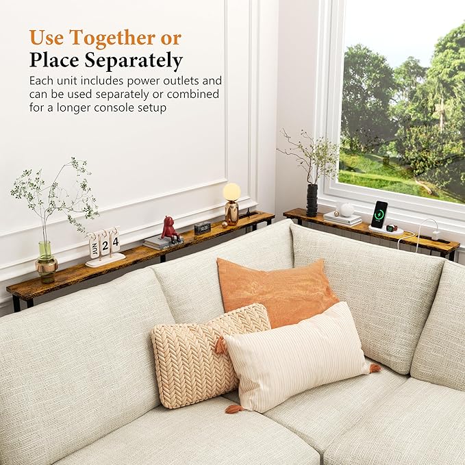 39" Sofa Table Narrow Long with Power Outlets & 2 USB Ports, Metal Frame Behind Couch Table Behind Sofa Perfect for Hallway, Living Room, Entrance Easy Assembly, 4.9' Extension Cord Included