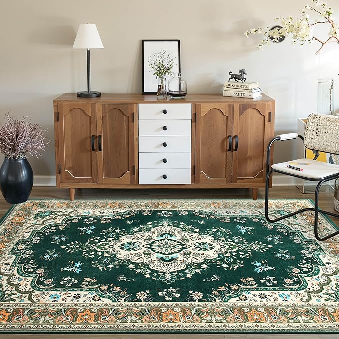 Vintage Area Rug 5x8 Rugs, Machine Washable Vintage Area Rug Non-Slip Low Pile Large Rug for Living Room, Bedroom, Farmhouse, Dining Room, Green
