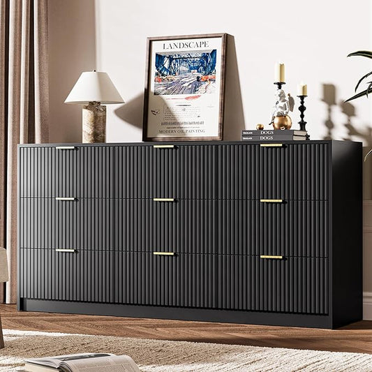 Black Dresser for Bedroom, 9 Drawer Double Dresser, Modern Chest of Drawers for Bedroom, Living Room, Entryway and Closet, 63" L x 15.7" D x 31.5" H