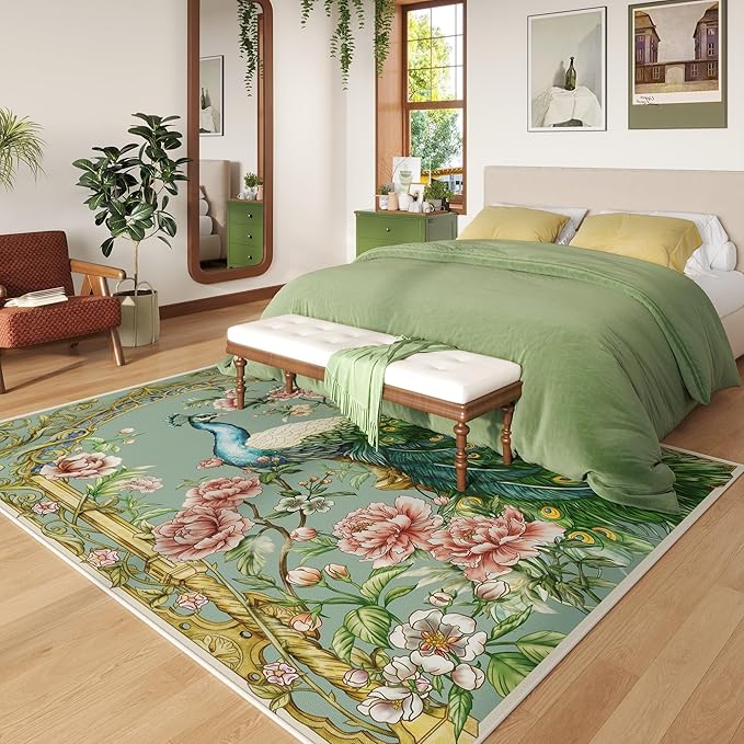 Living Room Rug 5x7 Rug Machine Washable Floral Peacock Animal Area Rug Non Slip Vintage Low Pile Large Rugs for Living Room, Bedroom, Farmhouse, Dining Room, Kids Playroom (Mint Turquoise)