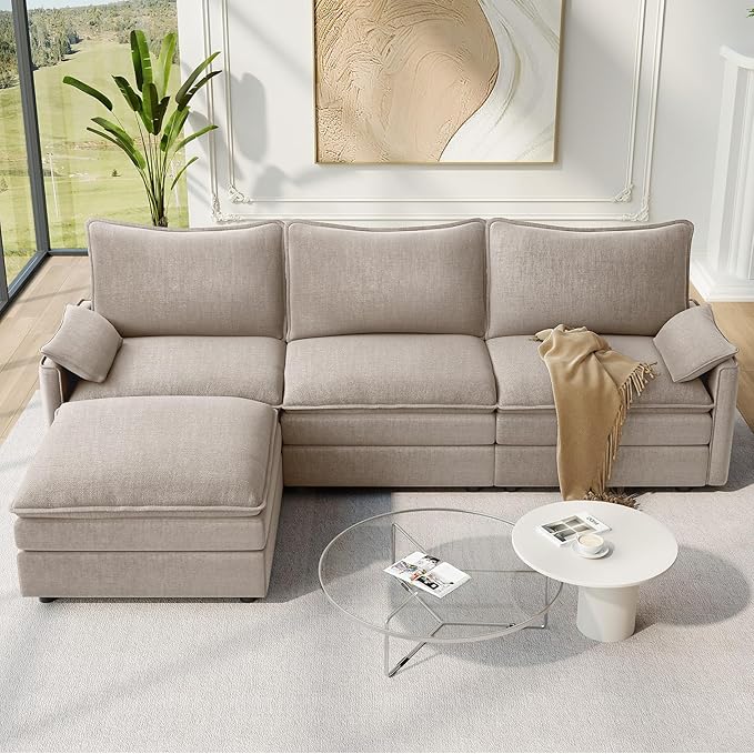 Vesgantti 108" Modular Sectional Sofa, Comfy Cloud Couch with Movable Ottoman Deep Seat Chenille L Shaped Modular Sofa, Sectional Couches for Living Room, Bedroom and Apartment, Light Brown